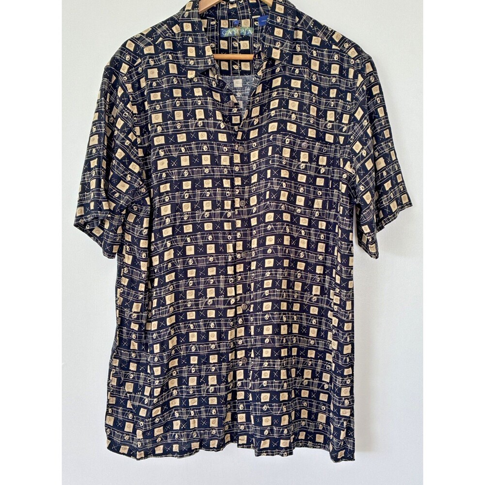 Campia Men's Large Rayon Shirt Black Tan Abstract Print Button Up Short Sleeve